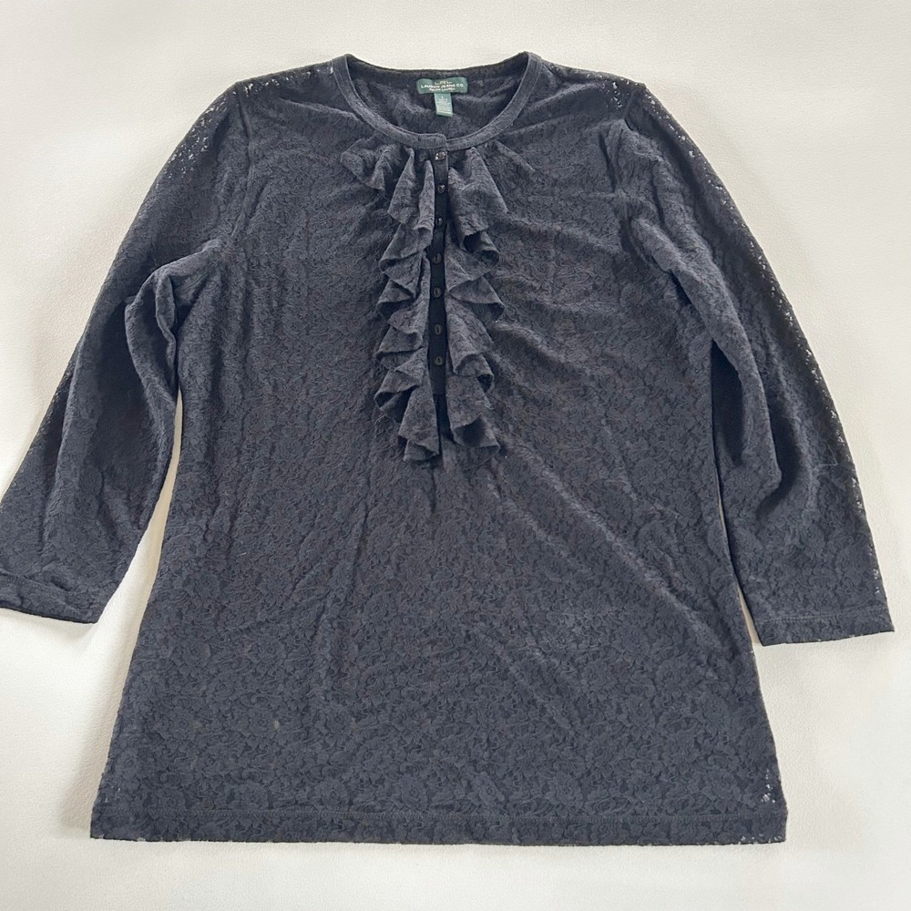 Lauren Jeans Co Ralph Lauren Blouse L Black Lace Ruffle Front Romantic Goth - Picture 2 of 10